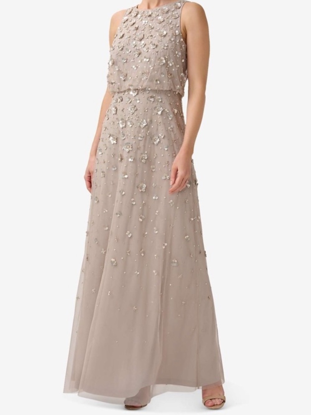 Adrianna Papell Beaded Taupe Sleeveless Maxi Dress Size 16